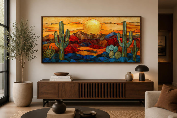 Décor mural désert de Sonora style vitrail | Paysage d'Arizona encadré très grand format