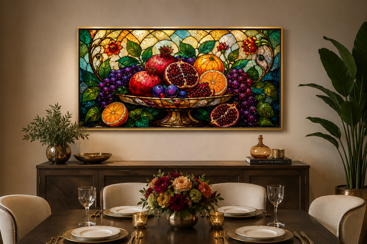Fruit Bowl With Pomegranates and Grapes Stained Glass Style Modern Dining Room Wall Art