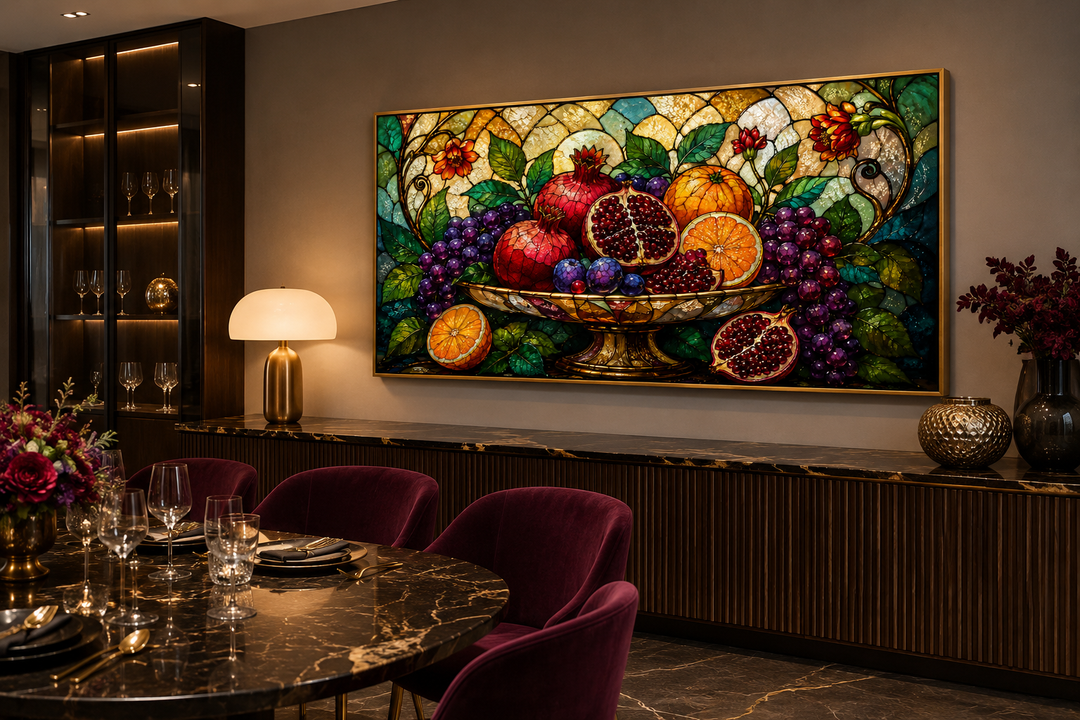 Fruit Bowl With Pomegranates and Grapes Stained Glass Style Modern Dining Room Wall Art