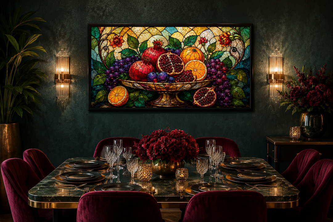 Fruit Bowl With Pomegranates and Grapes Stained Glass Style Modern Dining Room Wall Art