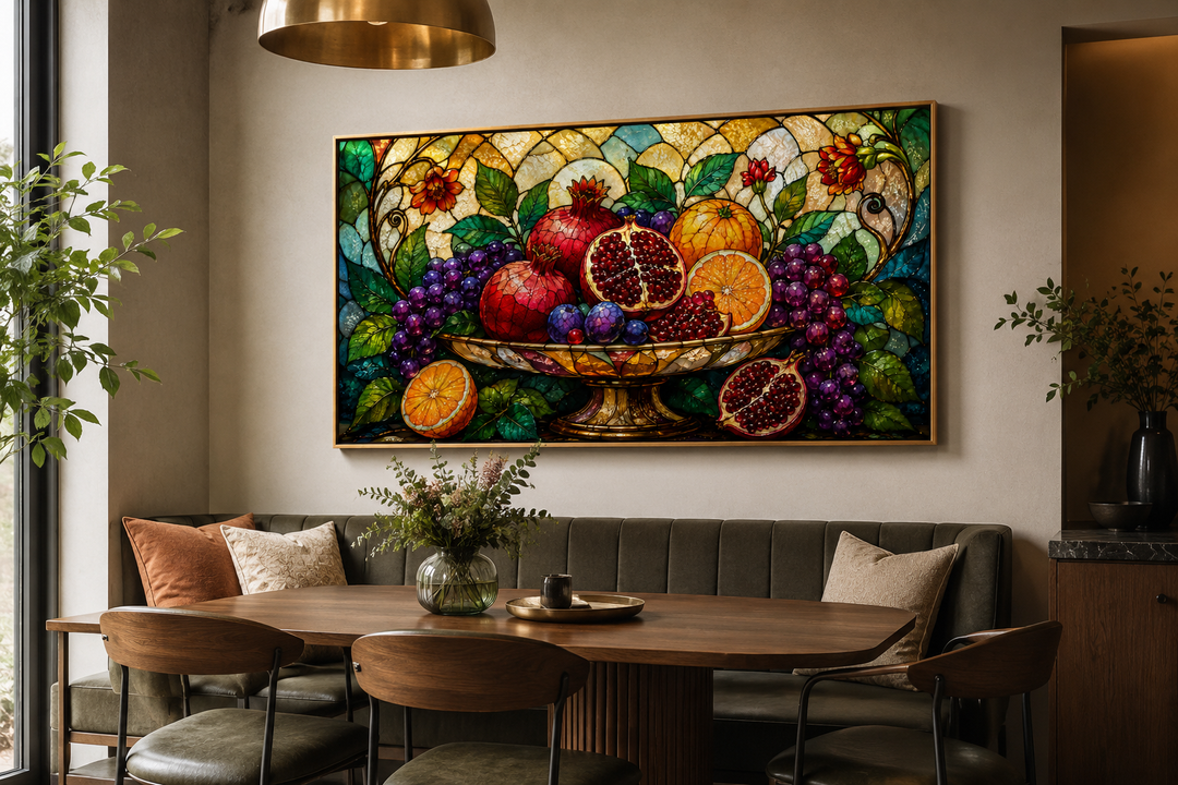 Fruit Bowl With Pomegranates and Grapes Stained Glass Style Modern Dining Room Wall Art