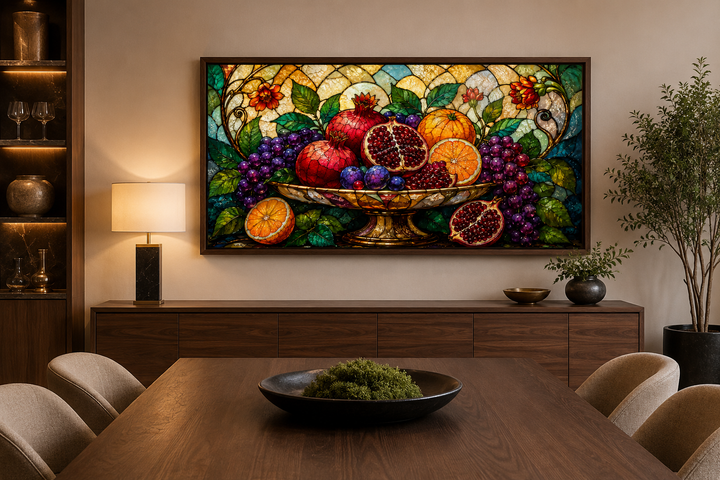 Fruit Bowl With Pomegranates and Grapes Stained Glass Style Modern Dining Room Wall Art
