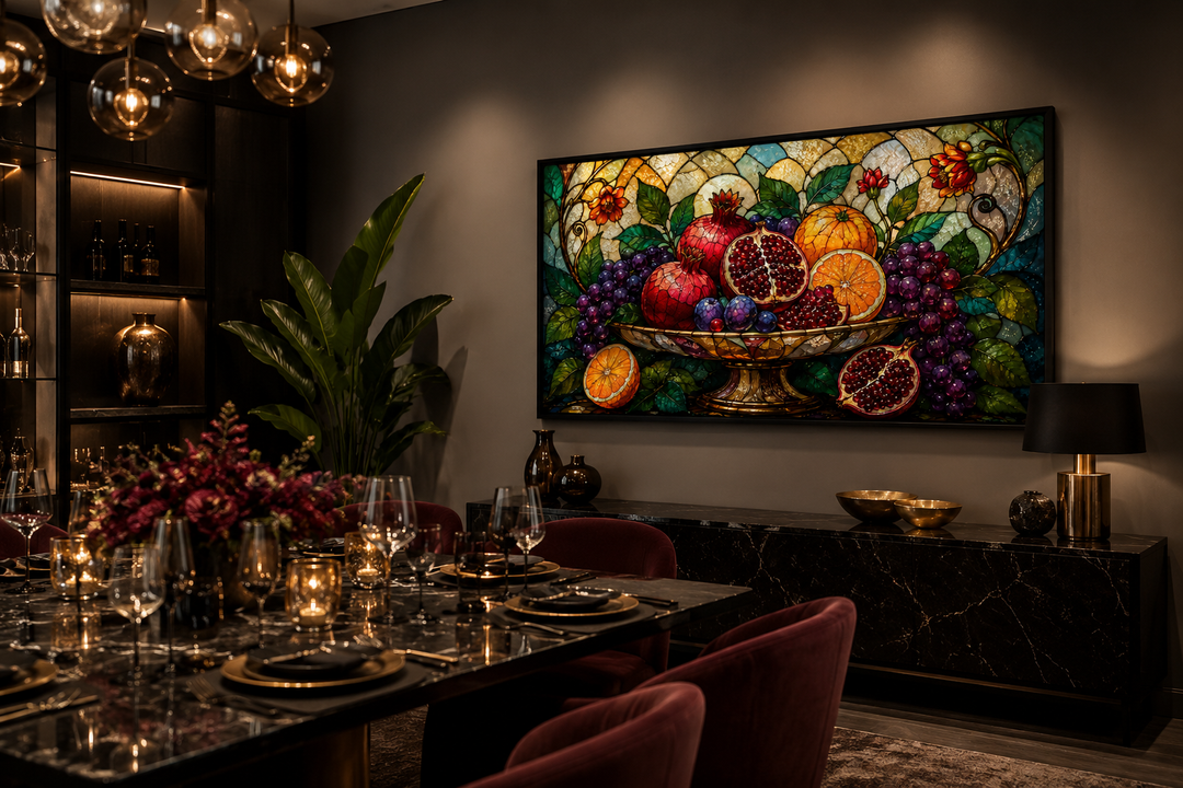 Fruit Bowl With Pomegranates and Grapes Stained Glass Style Modern Dining Room Wall Art