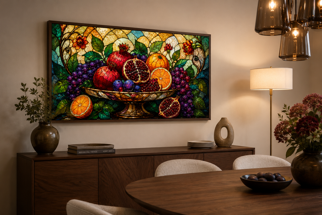Fruit Bowl With Pomegranates and Grapes Stained Glass Style Modern Dining Room Wall Art