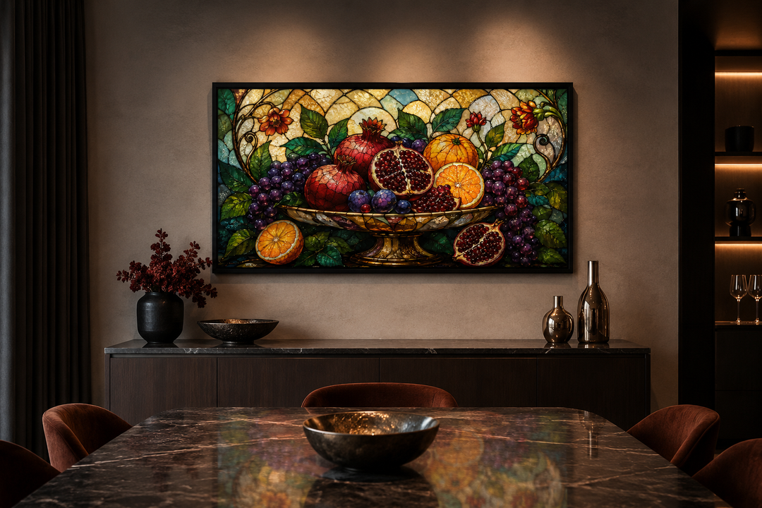 Fruit Bowl With Pomegranates and Grapes Stained Glass Style Modern Dining Room Wall Art