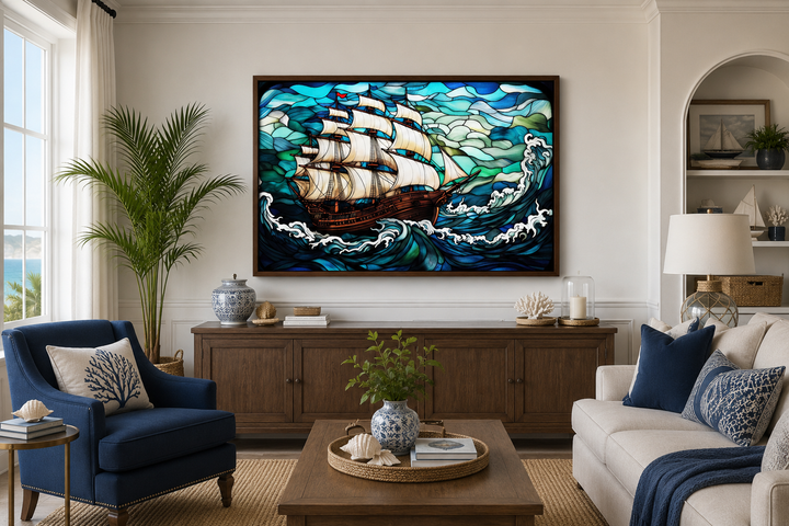 Pirate Ship Stained Glass Style Framed Canvas Wall Art hanging in a nautical-themed living room.