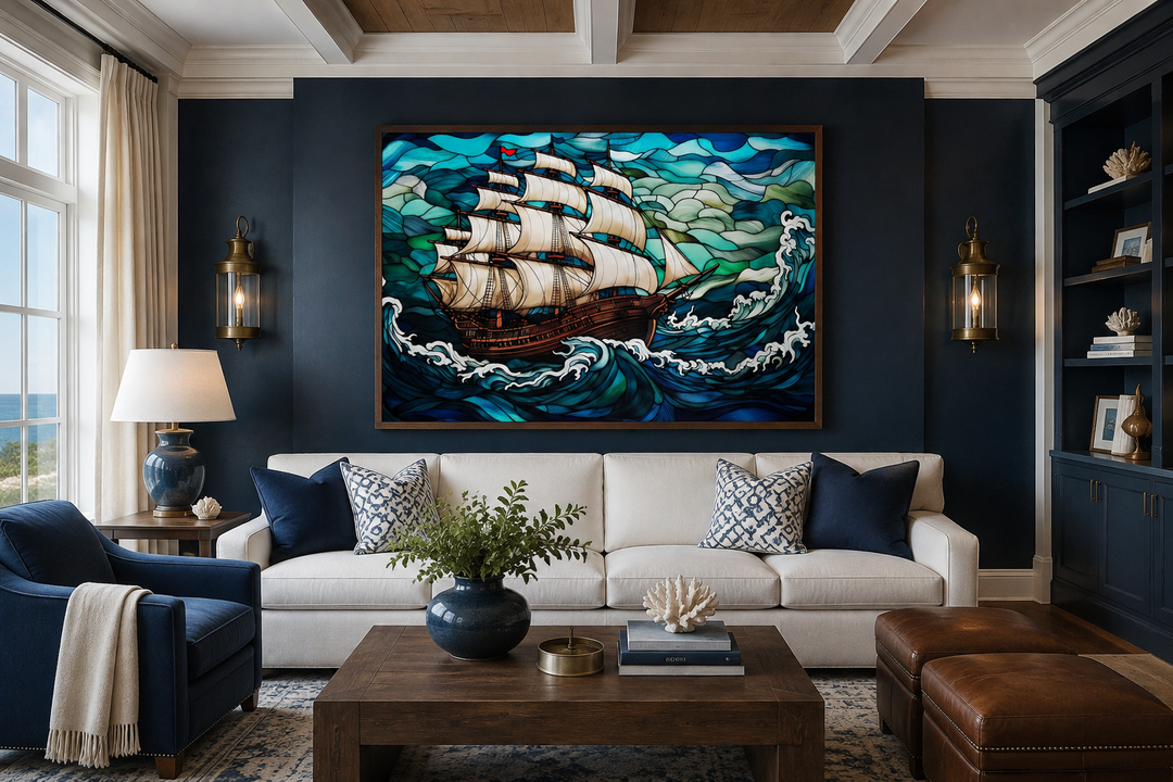 Pirate ship stained glass style framed canvas wall art hanging above a white sofa in a living room.