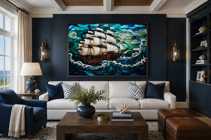 Pirate ship stained glass style framed canvas wall art hanging above a white sofa in a living room.