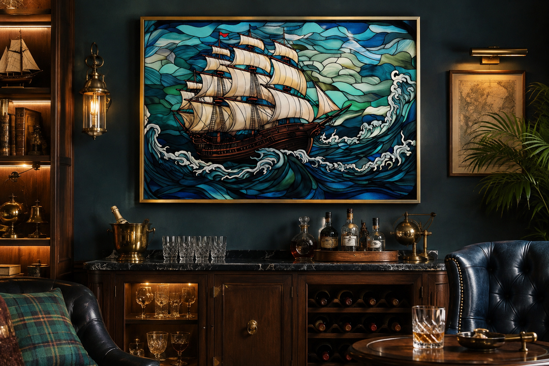Framed stained glass style canvas art of a pirate ship sailing on turbulent blue and green waves.