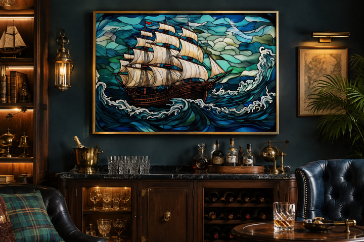 Framed stained glass style canvas art of a pirate ship sailing on turbulent blue and green waves.
