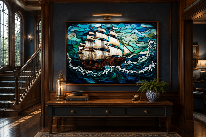 Framed stained glass style canvas art of a pirate ship sailing on blue and green ocean waves.