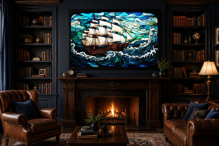 Pirate ship stained glass style framed canvas wall art hanging above a fireplace in a library.