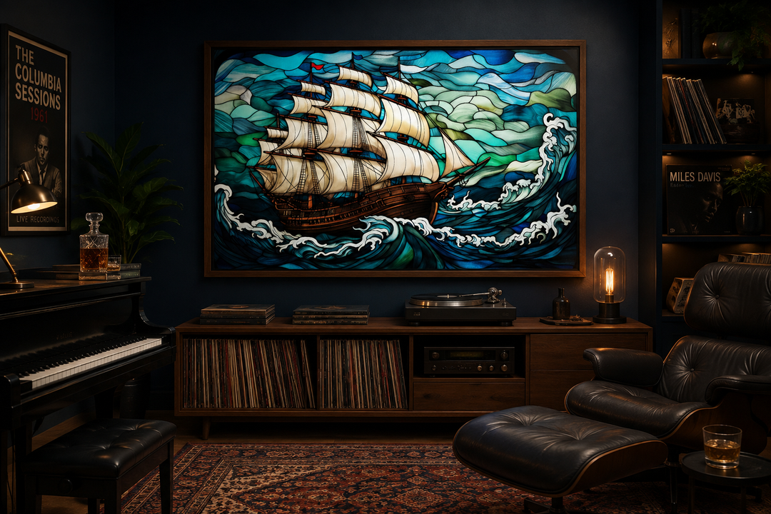 Framed stained glass style canvas wall art of a pirate ship sailing on turbulent blue waves.