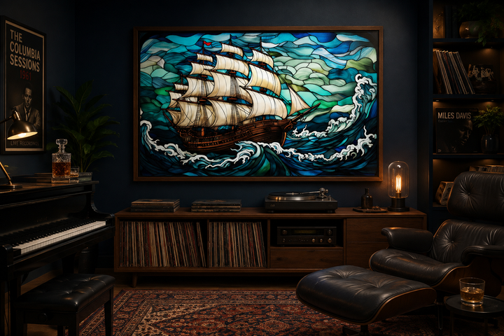 Framed stained glass style canvas wall art of a pirate ship sailing on turbulent blue waves.