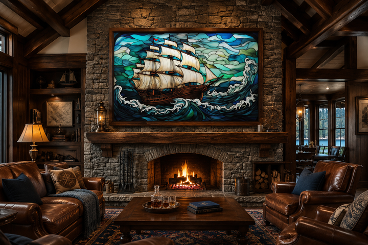 Pirate Ship Stained Glass Style Framed Canvas Wall Art hanging above a stone fireplace in a den.