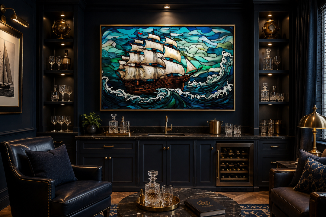 Framed stained glass style canvas wall art of a pirate ship sailing on turbulent blue waves.
