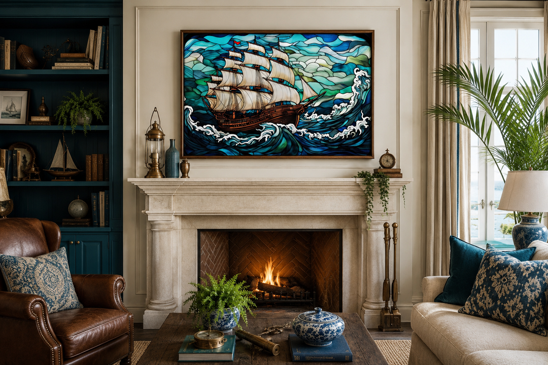 Framed stained glass style canvas art of a pirate ship on stormy blue waves above a fireplace.