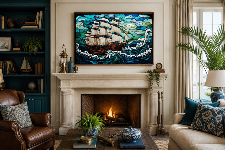 Framed stained glass style canvas art of a pirate ship on stormy blue waves above a fireplace.