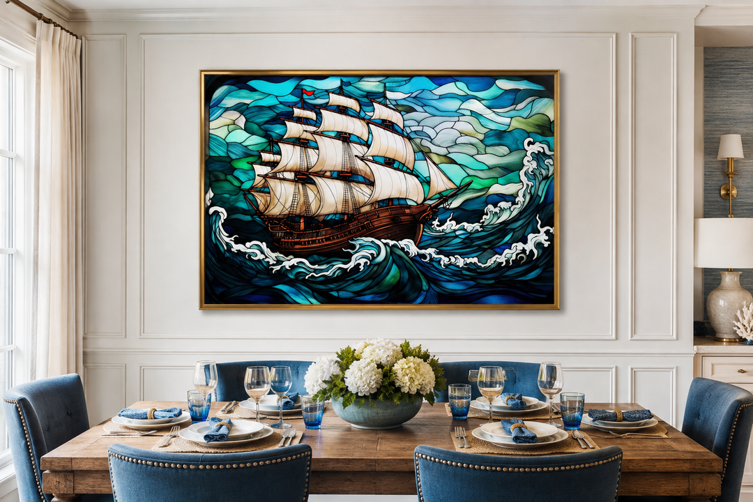 Pirate ship stained glass style framed canvas wall art hanging above a dining table.