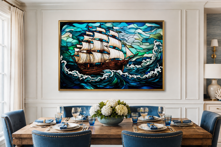 Pirate ship stained glass style framed canvas wall art hanging above a dining table.