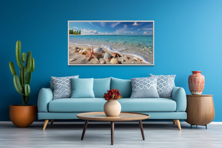 Starfish And Sea Shells On The Beach Coastal Framed Canvas Wall Art