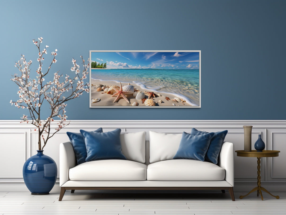 Starfish And Sea Shells On The Beach Coastal Framed Canvas Wall Art