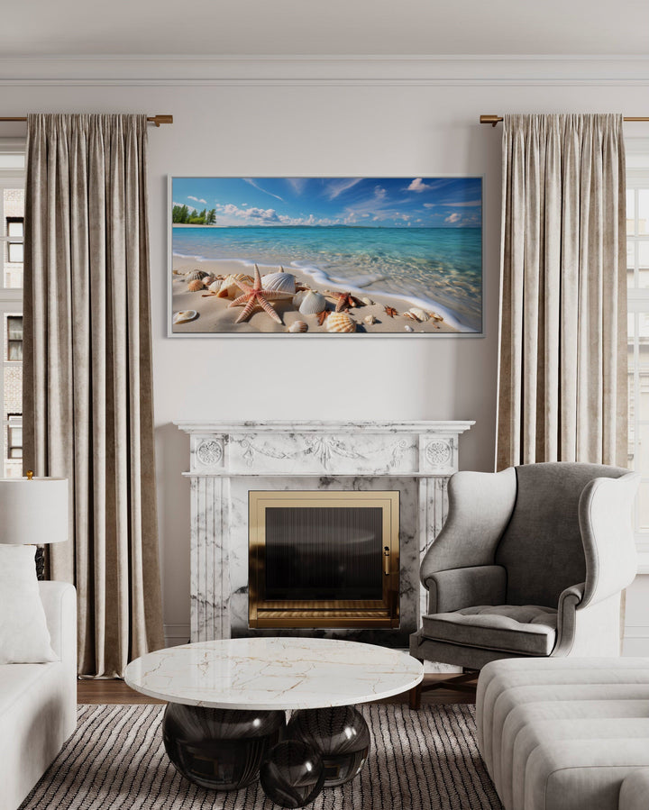 Starfish And Sea Shells On The Beach Coastal Framed Canvas Wall Art