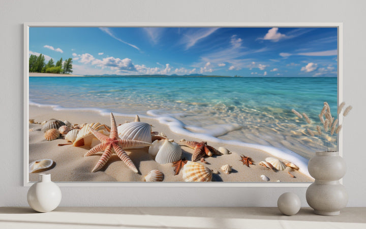 Starfish And Sea Shells On The Beach Coastal Framed Canvas Wall Art