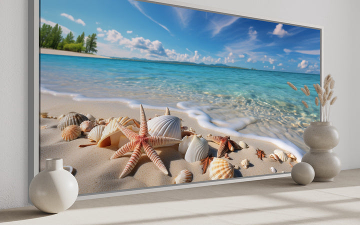 Starfish And Sea Shells On The Beach Coastal Framed Canvas Wall Art