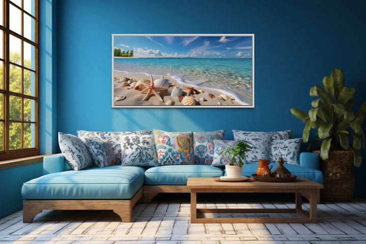 Starfish And Sea Shells On The Beach Coastal Framed Canvas Wall Art