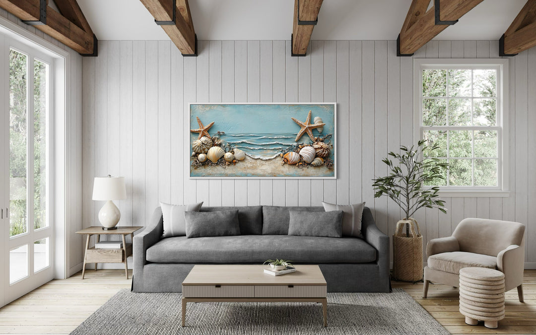 Framed canvas wall art featuring starfish and seashells in soft blue, beige, and white tones.