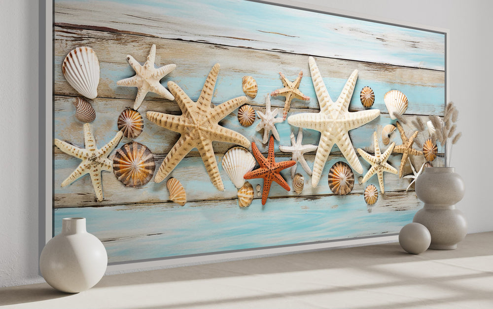 Starfish Wall Art – Coastal Wall Decor | Framed Seashell Canvas Print for Beach House