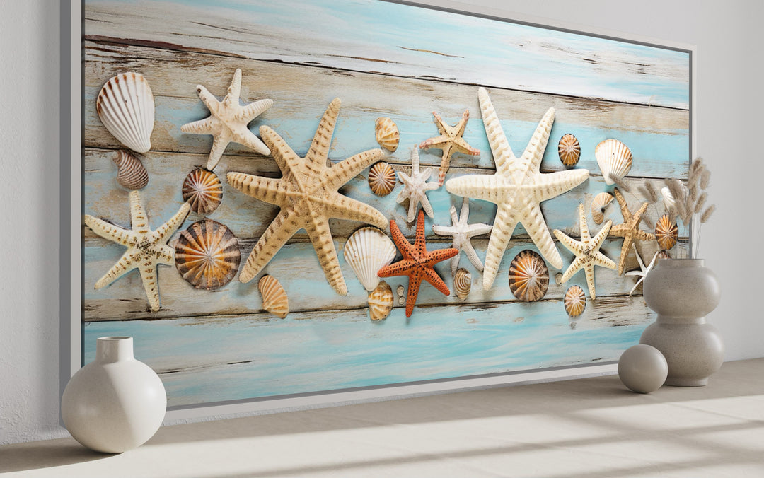 Starfish Wall Art – Coastal Wall Decor | Framed Seashell Canvas Print for Beach House
