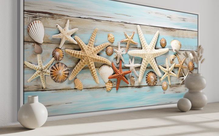 Starfish Wall Art – Coastal Wall Decor | Framed Seashell Canvas Print for Beach House