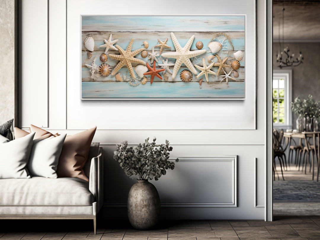 Starfish Wall Art – Coastal Wall Decor | Framed Seashell Canvas Print for Beach House