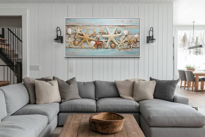 Starfish Wall Art – Coastal Wall Decor | Framed Seashell Canvas Print for Beach House