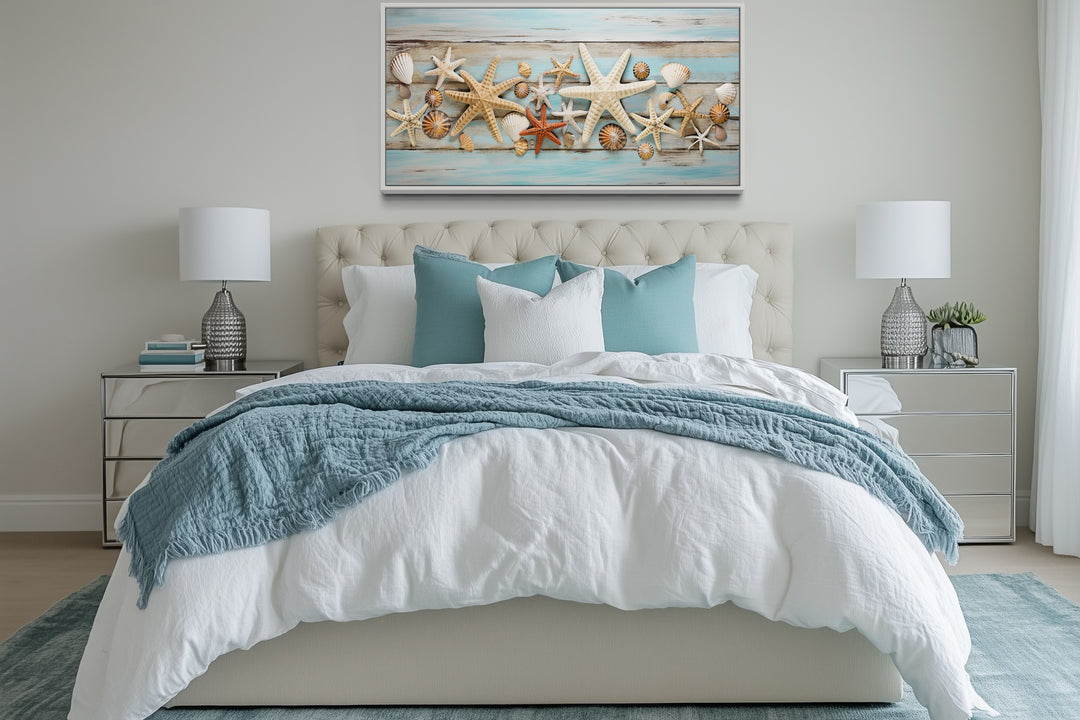 Starfish Wall Art – Coastal Wall Decor | Framed Seashell Canvas Print for Beach House