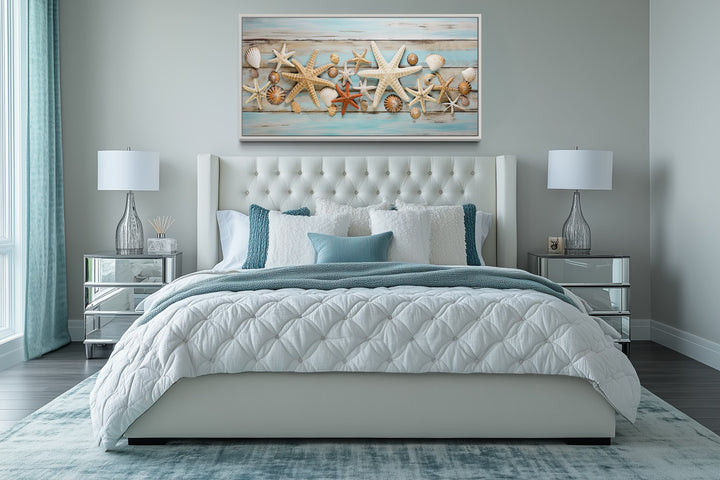 Starfish Wall Art – Coastal Wall Decor | Framed Seashell Canvas Print for Beach House