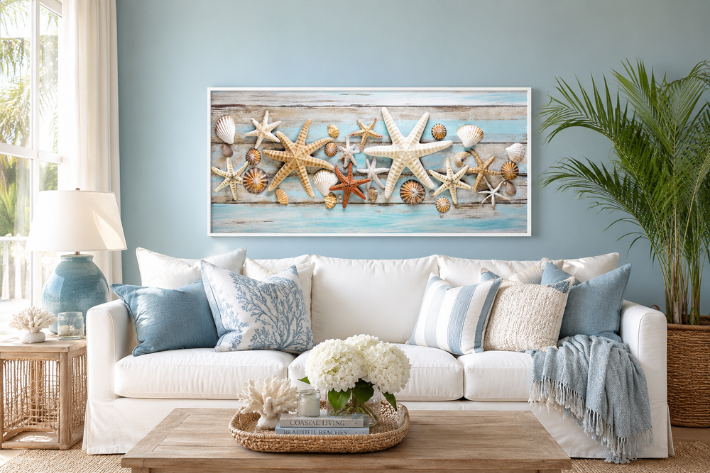 Framed horizontal wall art of starfish and seashells on blue wood planks above a white sofa.