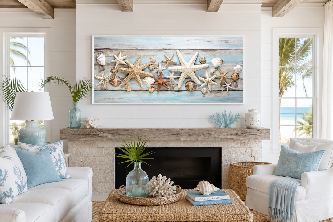 Framed starfish and seashells wall art on a blue wood texture canvas above a living room fireplace.