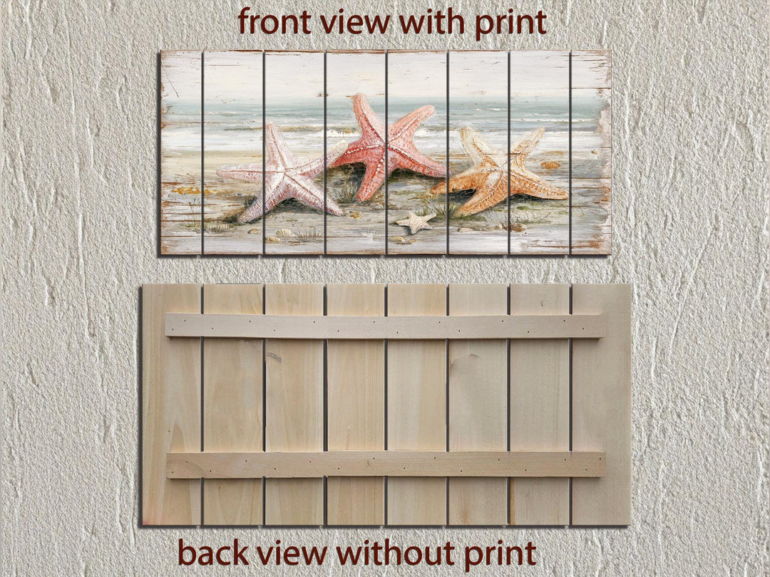 Large horizontal wood wall art featuring three starfish on a beach with front and back views.