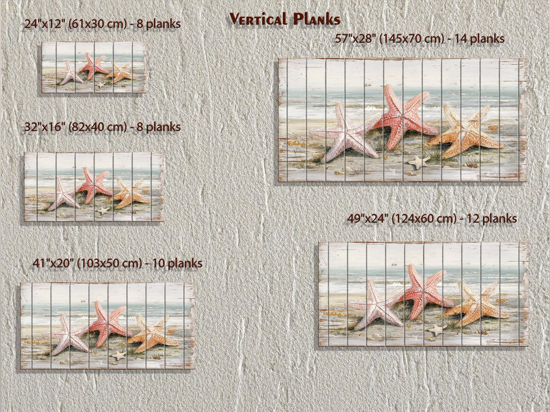 Horizontal starfish beach wall art on vertical wood planks in five size options.