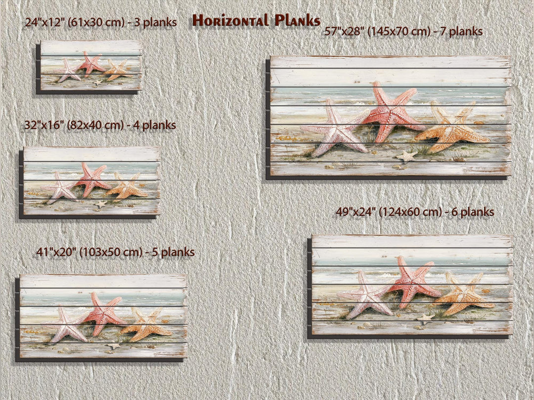 Horizontal wood wall art featuring starfish on a beach, available in five different sizes.