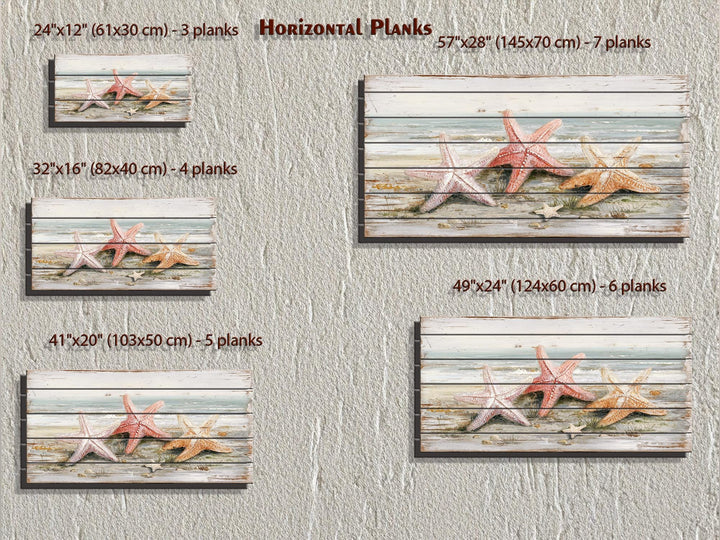 Horizontal wood wall art featuring starfish on a beach, available in five different sizes.