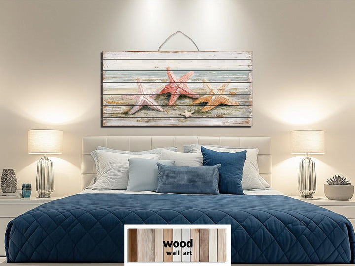 Large horizontal wood wall art featuring starfish on a beach, ideal for coastal beach house decor.