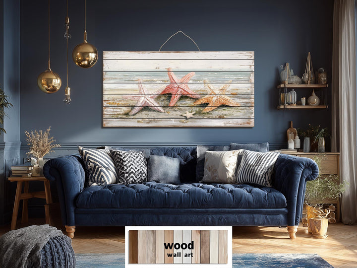 Starfish on the beach large horizontal wood wall art for coastal beach house decor.