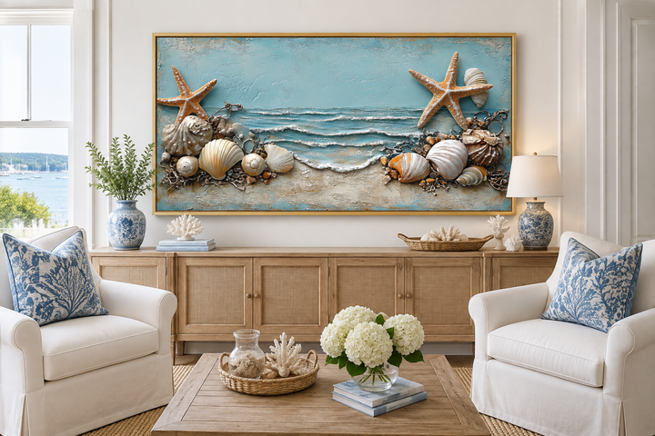 Framed canvas wall art featuring starfish and seashells in soft blue, beige, and white tones.