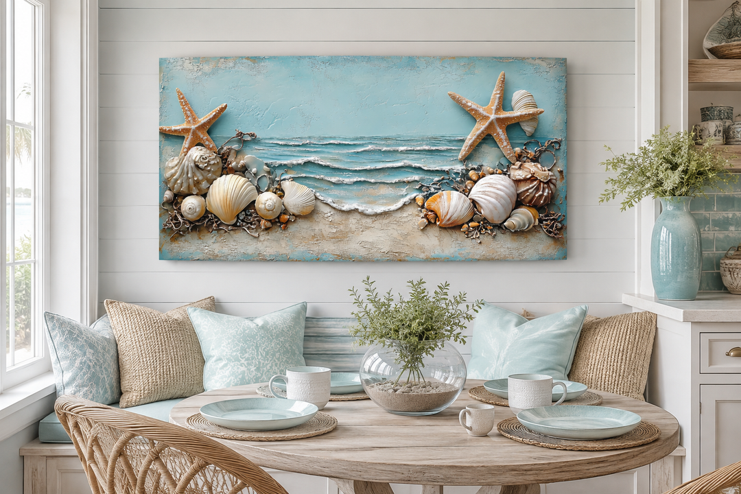 Framed canvas wall art featuring starfish and seashells in soft blue and sandy beige tones.