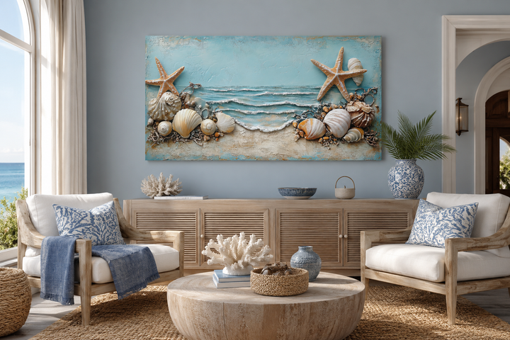 Framed canvas wall art featuring starfish and seashells in soft blue, beige, and white tones.