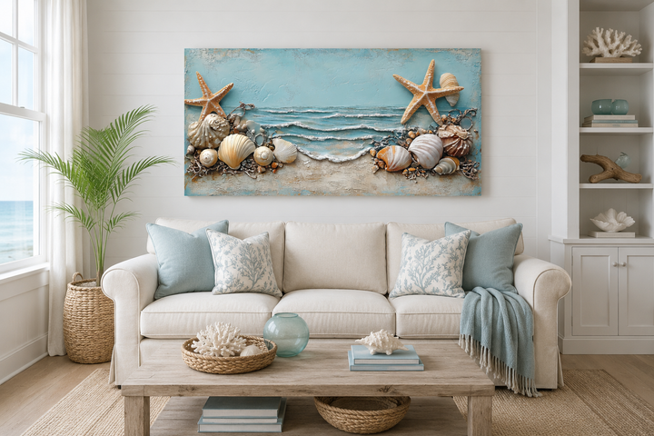 Framed canvas wall art featuring starfish and seashells in soft blue and sandy beige tones.